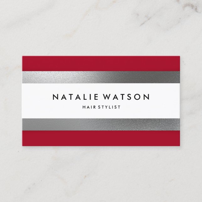 Chic Rough FAUX Silver Stripes Red Modern Business Card (Front)