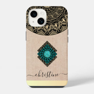 Chic Round Mandala Custom Name Girly Black Beige iPhone 14 Case