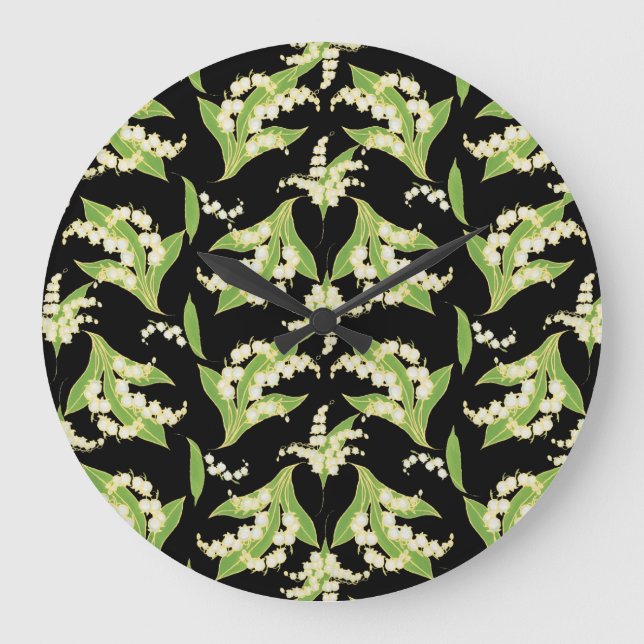 Chic Round Wall Clock: Lilies of the Valley, Black Large Clock (Front)