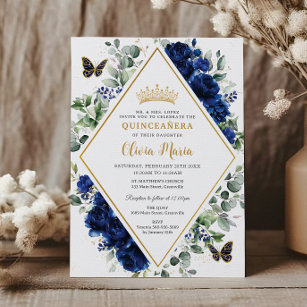 Chic Royal Blue Floral Butterflies Quinceañera Invitation