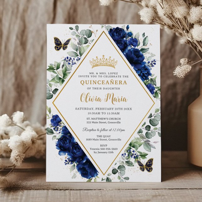 Chic Royal Blue Floral Butterflies Quinceañera Invitation (Creator Uploaded)
