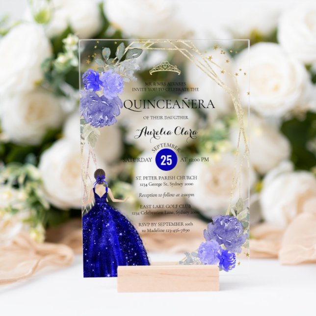 Chic Royal Blue Floral Geometric Quinceañera Acrylic Invitations (Creator Uploaded)