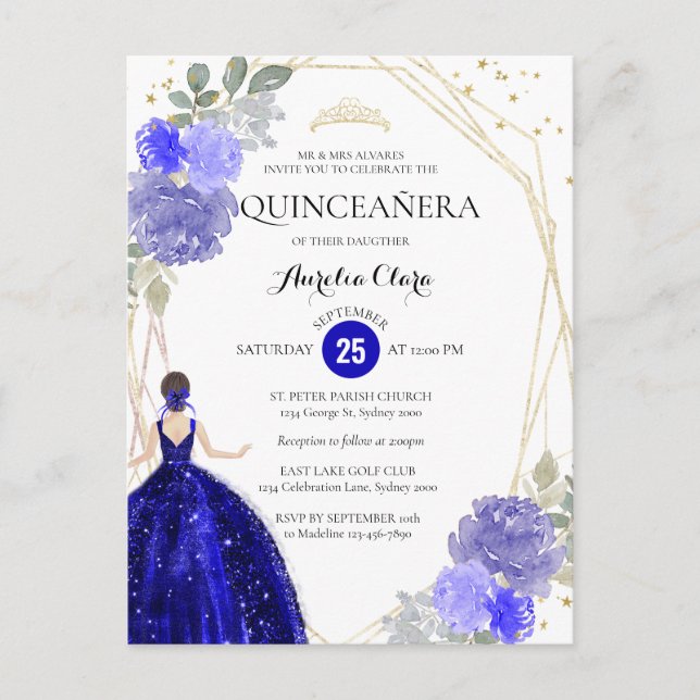 Chic Royal Blue Floral Geometric Quinceañera Invit Postcard (Front)