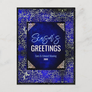 Chic royal blue floral glitter Christmas new year Postcard