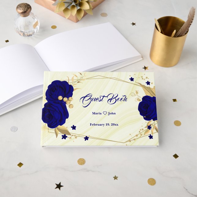 chic royal blue floral gold leaves geometric  guest book (Front Open)