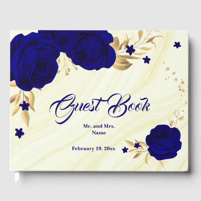 chic royal blue floral gold leaves guest book (Front)