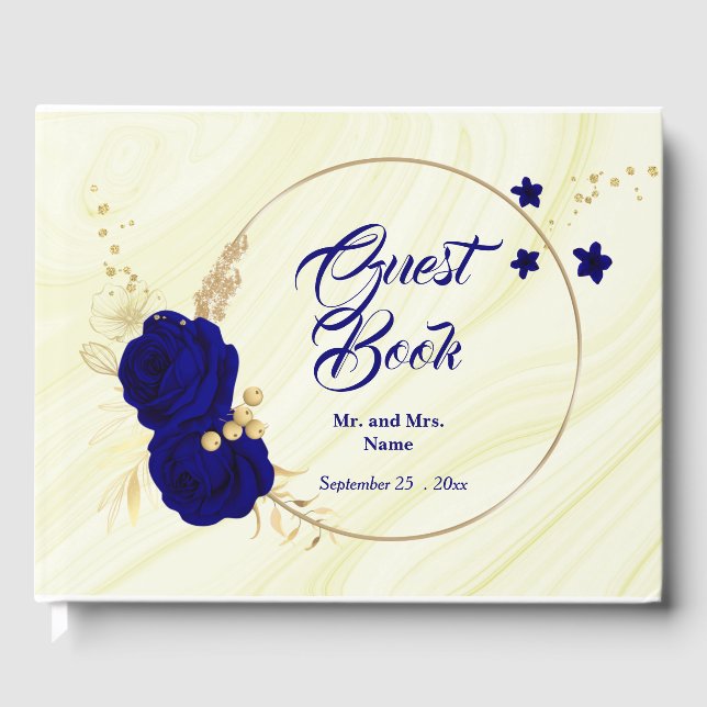 chic royal blue floral gold leaves wreath guest book (Front)