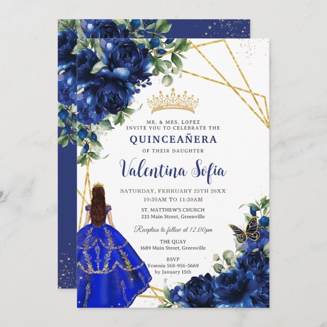 Chic Royal Blue Floral Princess Gold Quinceañera Invitation (Front/Back)
