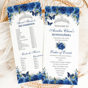 Chic Royal Blue Floral Quinceañera Order of Events Programme