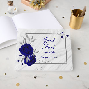 chic royal blue floral silver leaves geometric  guest book