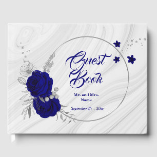 chic royal blue floral silver leaves wreath guest book