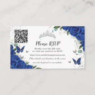 Chic Royal Blue Floral Silver Quinceañera QR Code Enclosure Card