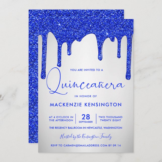 Chic Royal Blue Glitter Drips Silver Quinceañera Invitation (Front/Back)