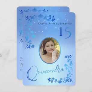Chic Royal Blue Glitter Floral Photo Quinceanera Invitation