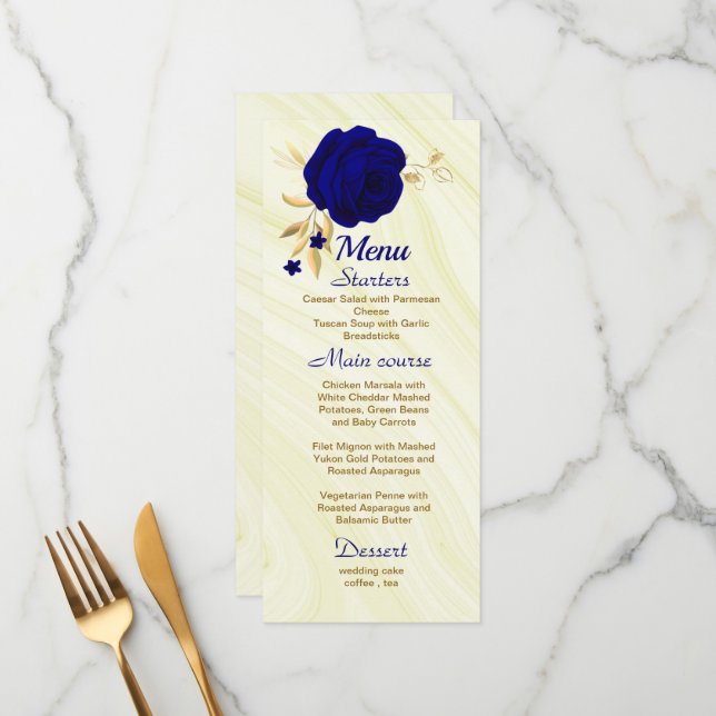 chic royal blue gold floral wedding  menu (Front/Back In Situ)