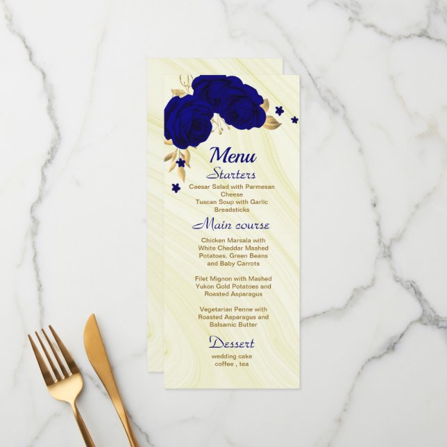 chic royal blue gold floral wedding  menu (Front/Back In Situ)