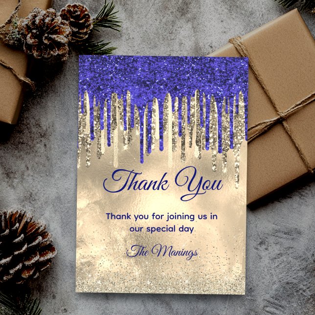 Chic royal blue gold glitter dripping thank you card (Creator Uploaded)