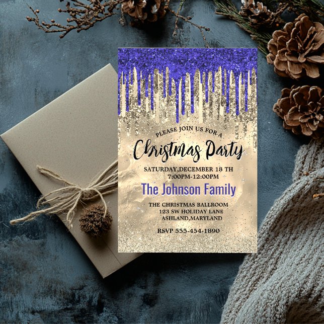 Chic royal blue gold glitter drips Christmas  Invitation (Creator Uploaded)