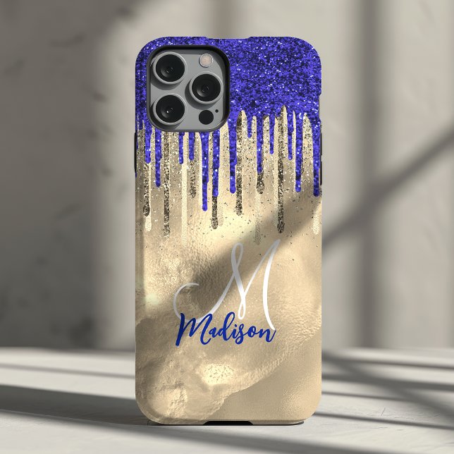 Chic royal blue gold glitter drips monogram Case-Mate iPhone case (Creator Uploaded)
