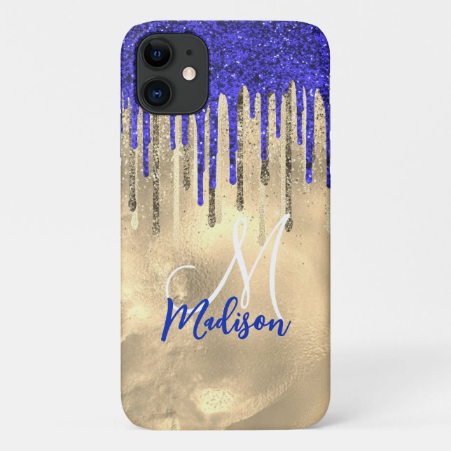 Chic royal blue gold glitter drips monogram Case-Mate iPhone case (Back)