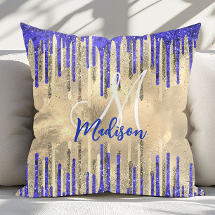 Chic royal blue gold glitter drips monogram cushion
