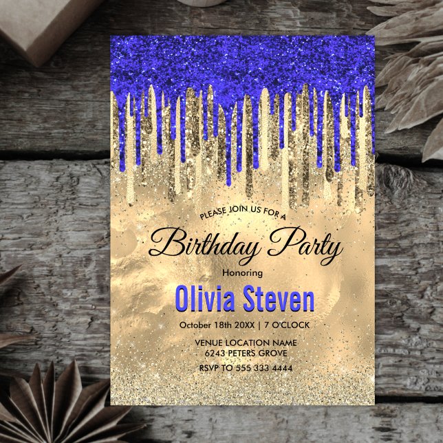 Chic royal blue gold glitter drips monogram invitation (Creator Uploaded)