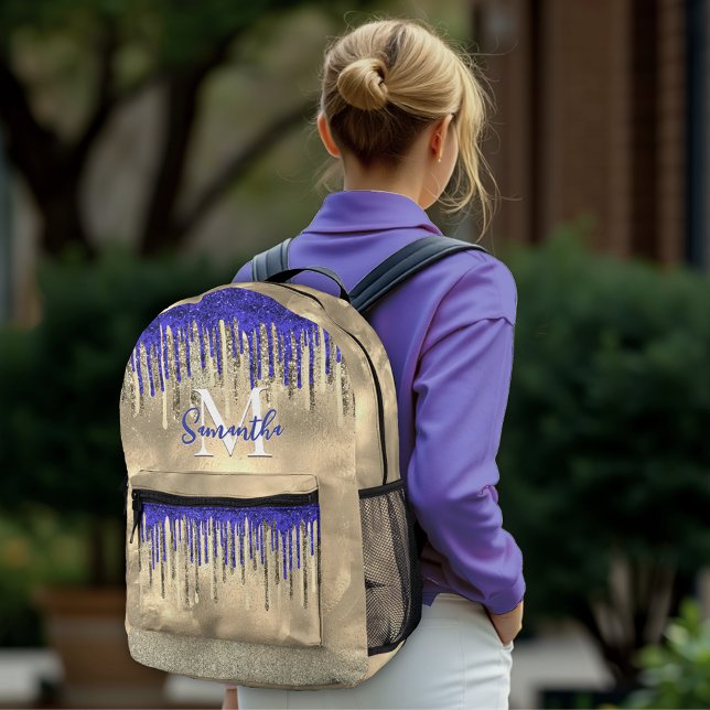 Chic royal blue gold glitter drips monogram printed backpack (Creator Uploaded)