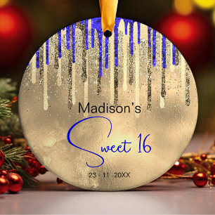 Chic royal blue gold glitter drips sweet 16 ceramic tree decoration