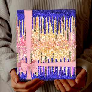 Chic royal blue gold glitter drips  wrapping paper