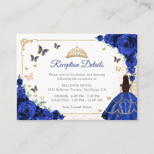 Chic Royal Blue Gold Quincenarea Reception Details Enclosure Card (Front)