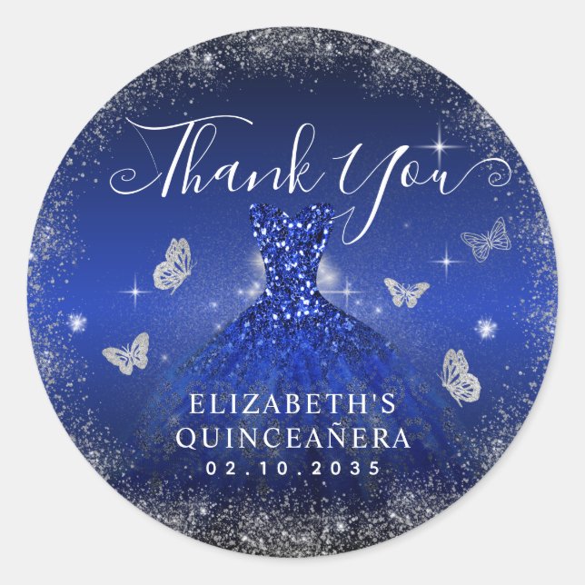 Chic Royal Blue Silver Gown Quinceañera Thank You Classic Round Sticker (Front)