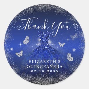 Chic Royal Blue Silver Gown Quinceañera Thank You Classic Round Sticker