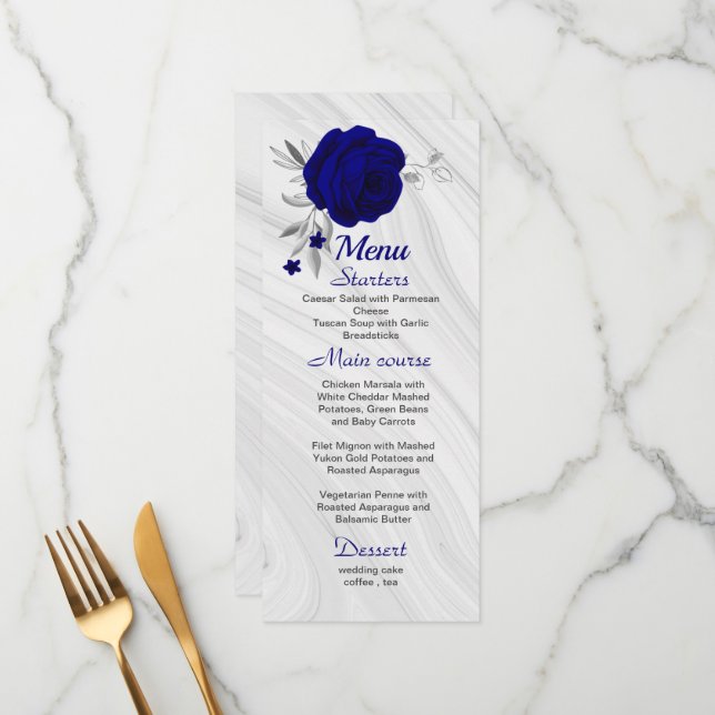 chic royal blue silver gray floral wedding menu (Front/Back In Situ)