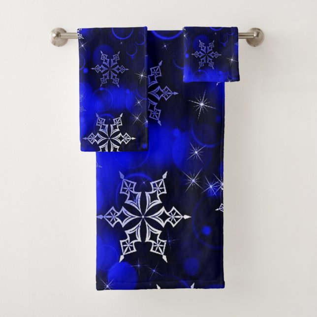 Chic Royal Blue Snowflake Motif Bath Towel Set (Insitu)