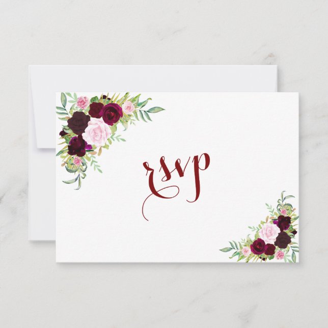 Chic Royal Burgundy Marsala Floral Wedding RSVP Card (Front)