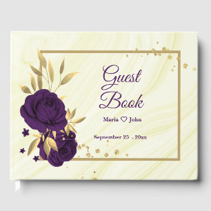 chic royal purple floral gold leaves geometric guest book