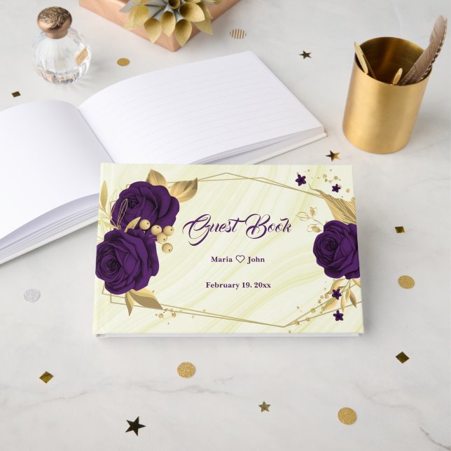 chic royal purple floral gold leaves geometric guest book (Front Open)