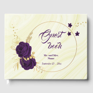chic royal purple floral gold leaves geometric guest book