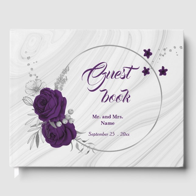 chic royal purple floral silver leaves geometric guest book (Front)