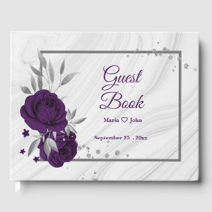 chic royal purple floral silver leaves geometric guest book