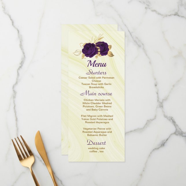 chic royal purple gold floral wedding menu (Front/Back In Situ)