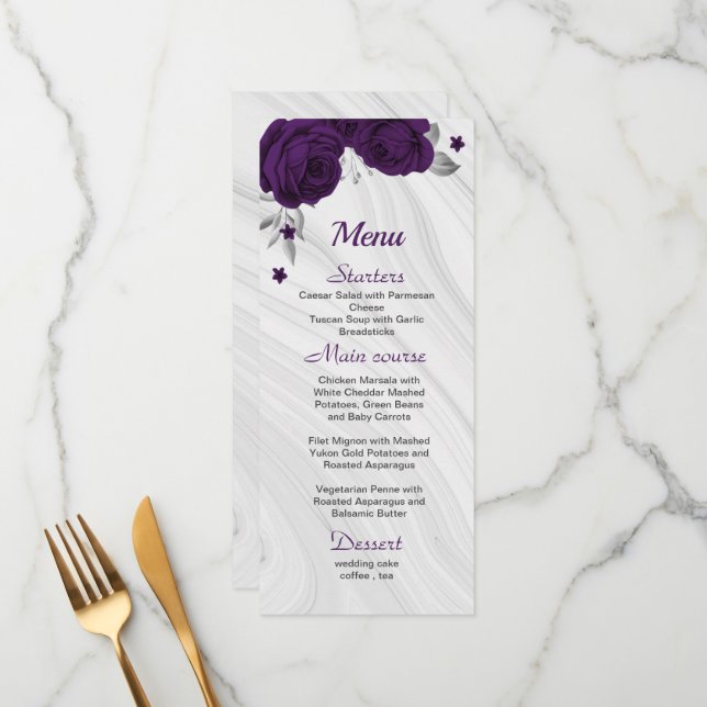 chic royal purple silver grey floral wedding menu (Front/Back In Situ)