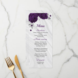 chic royal purple silver grey floral wedding menu