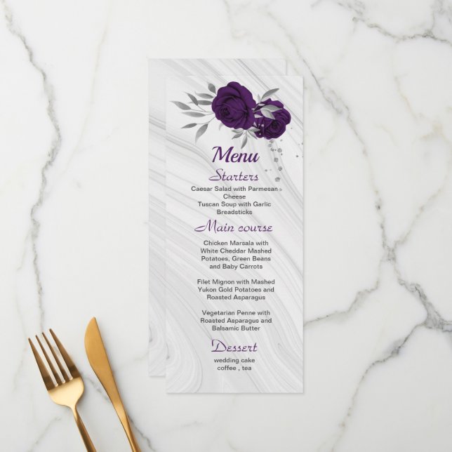 chic royal purple silver grey floral wedding menu (Front/Back In Situ)