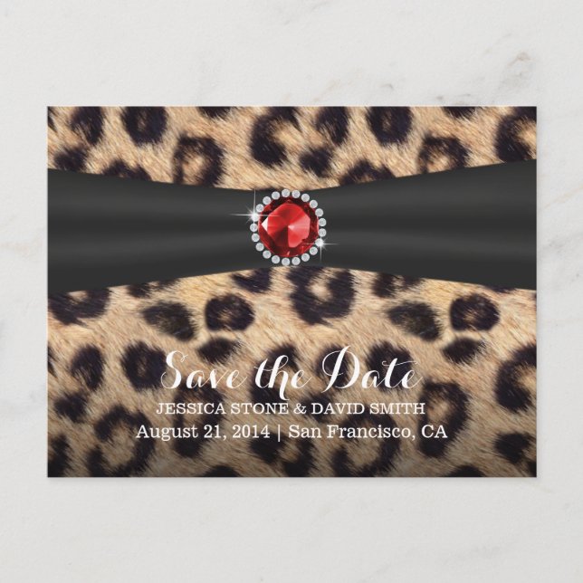 Chic Ruby Gemstone Leopard Print Save the Date Announcement Postcard (Front)