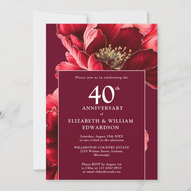 Chic Ruby Red Elegant Floral 40th Anniversary Invitation (Front)