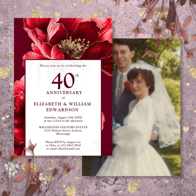 Chic Ruby Red Floral 40th Anniversary Photo Invitation (Chic Ruby Red Floral 40th Anniversary Photo Invitation)