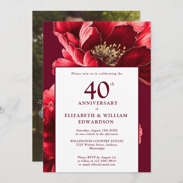 Chic Ruby Red Floral 40th Anniversary Photo Invitation (Front/Back)