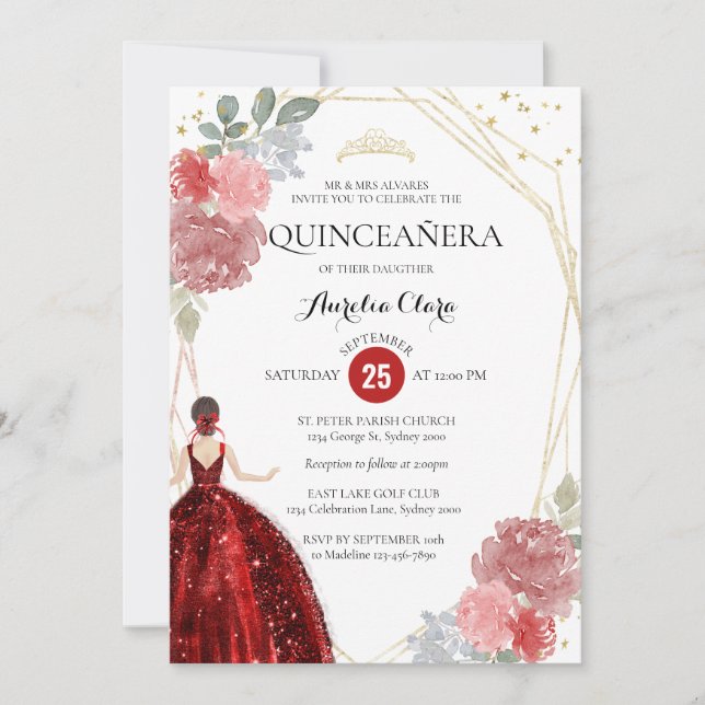 Chic Ruby Red Floral Geometric Quinceañera Invitation (Front)