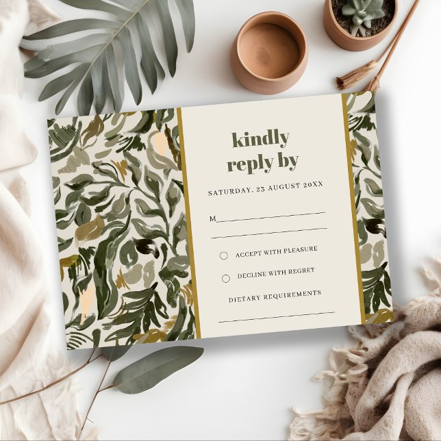 Chic Rustic Boho Green Retro Botanical Wedding RSVP Card (Creator Uploaded)